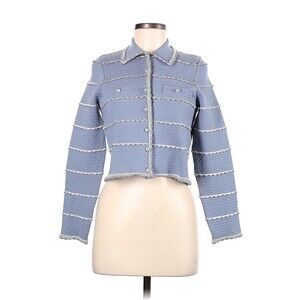 SANDRO Infinity Blue Scalloped Textured Contrast-Trim Cropped Coatigan - 4 (XL)